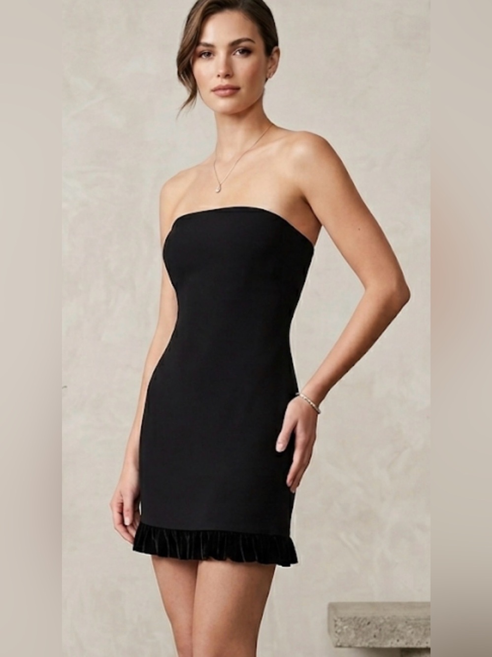 Worth New York Black Strapless Midi Dress with Velvet Fringe Trim